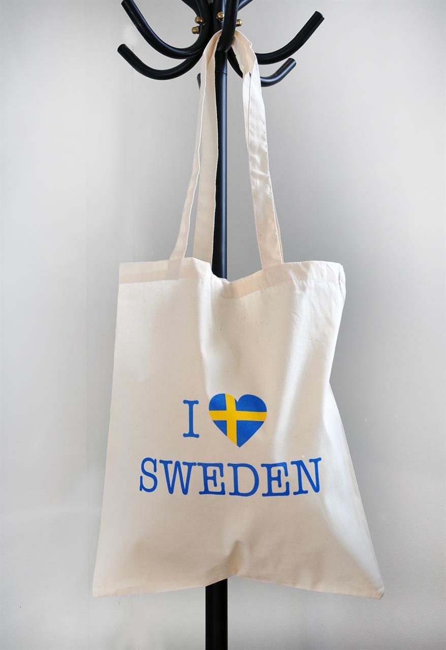 Tygkasse, I love Sweden, natur/blå-gul text