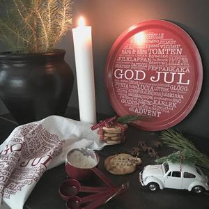 Bricka rund 31 cm, God Jul-ord, röd/vit text