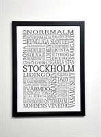 Poster 30x40 cm i ram, Stockholm, vit/svart text