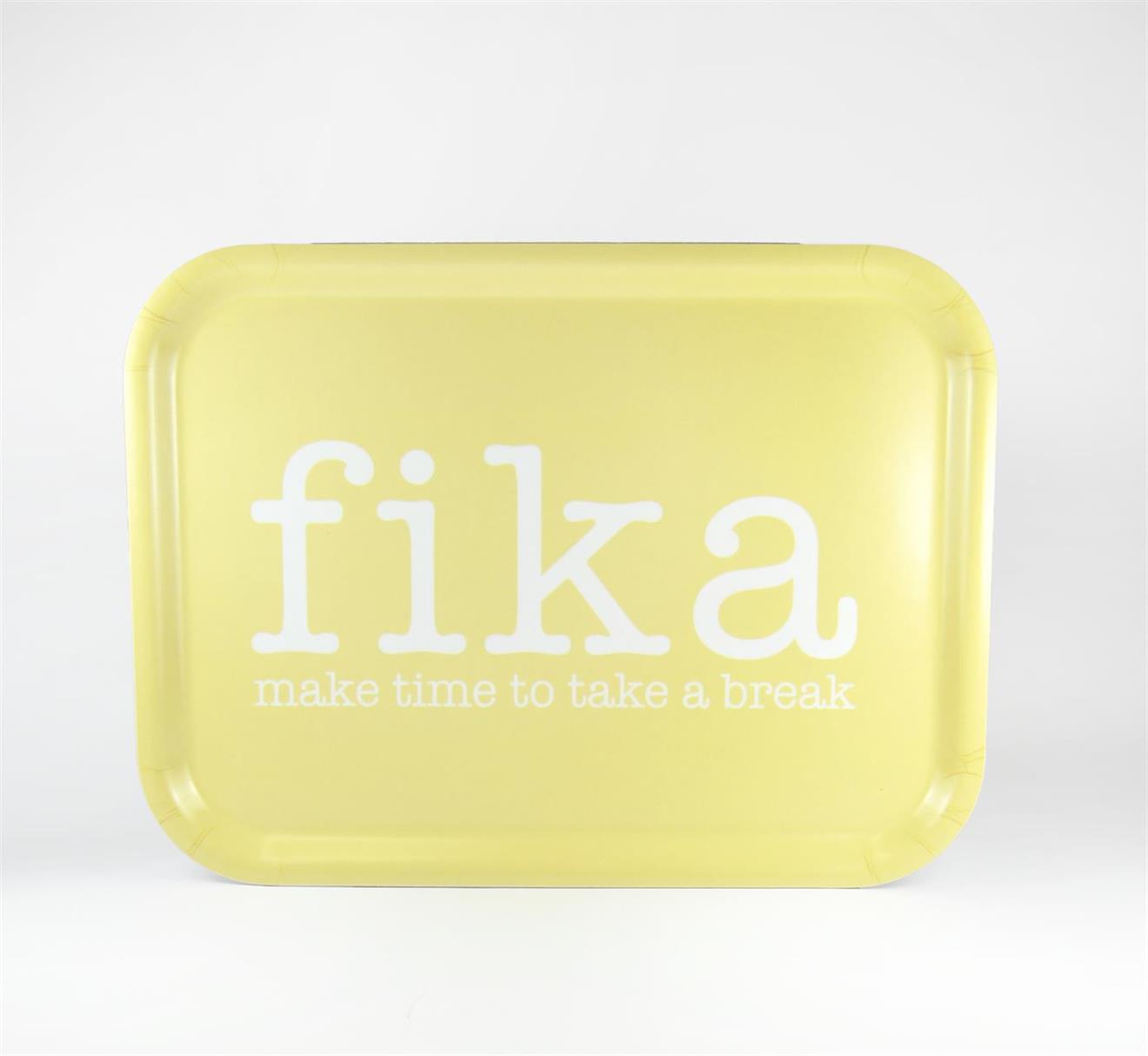 Bricka 27x20 cm, Make time Fika, gul/vit text