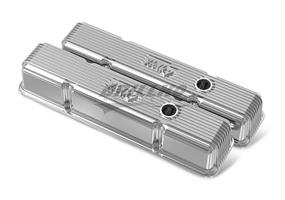 SBC HOLLEY VALVE COVERS,FINNED,W/EMIS,PO