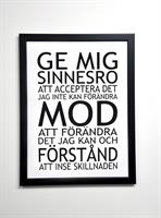 Poster 30x40 cm i ram, Ge mig sinnesro, vit/svart