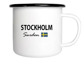Emaljmugg, Stockholm, vit/svart text