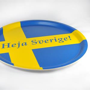 Bricka rund 31 cm, Heja Sverige, blå/blå-gul text