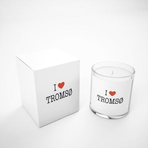 Doftljus, I love Tromsö, vit/svart-röd text