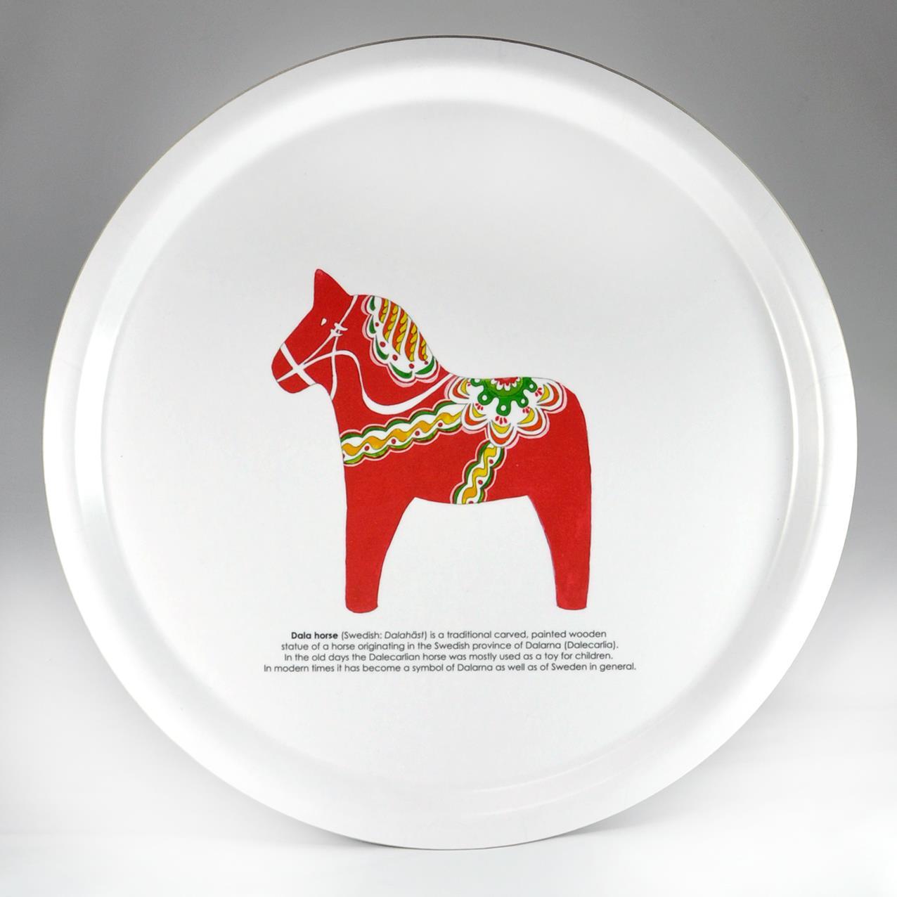 Bricka rund 31 cm, Dala horse, vit/rött tryck