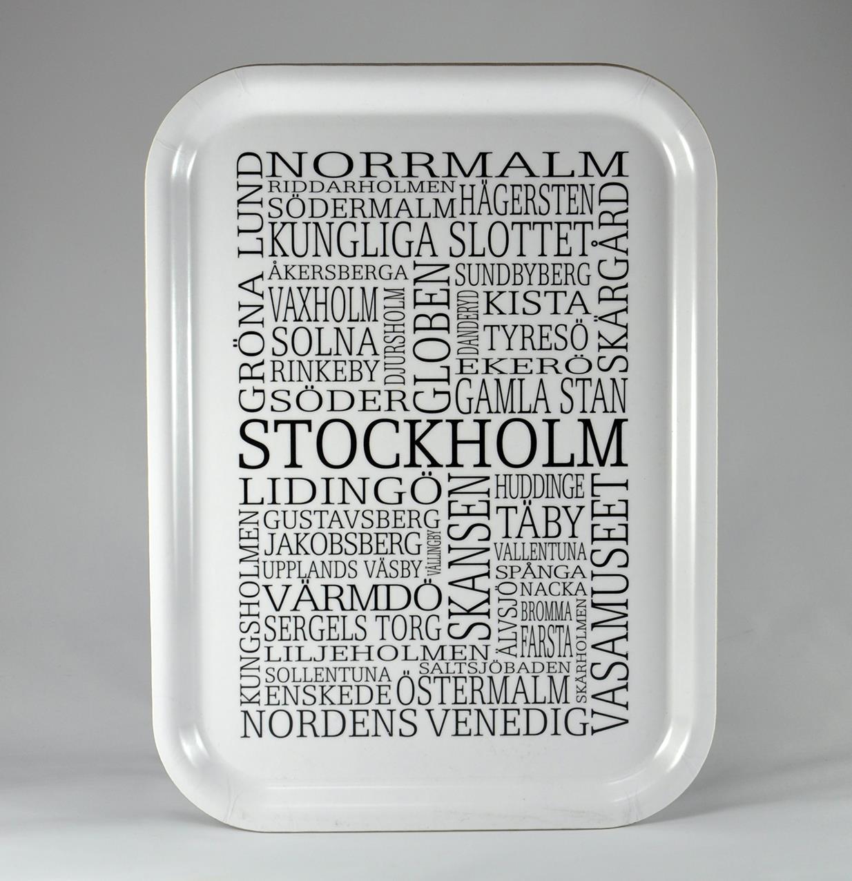 Bricka 27x20 cm, Stockholm, vit/svart text