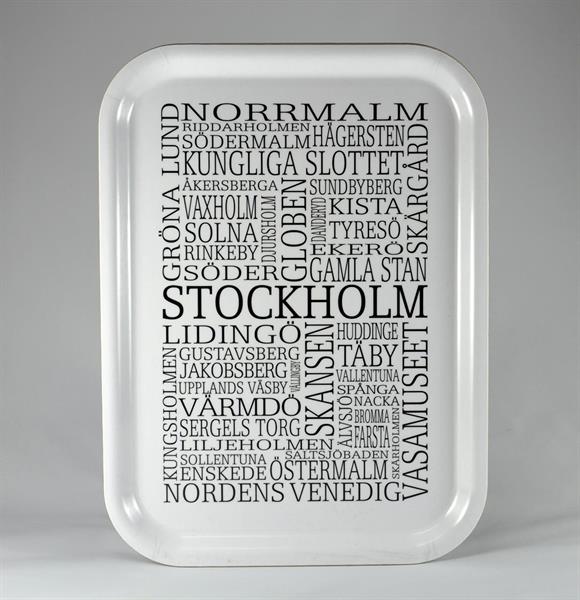 Bricka 27x20 cm, Stockholm, vit/svart text