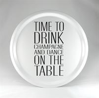 Bricka rund 31 cm, Time to drink, vit/svart text