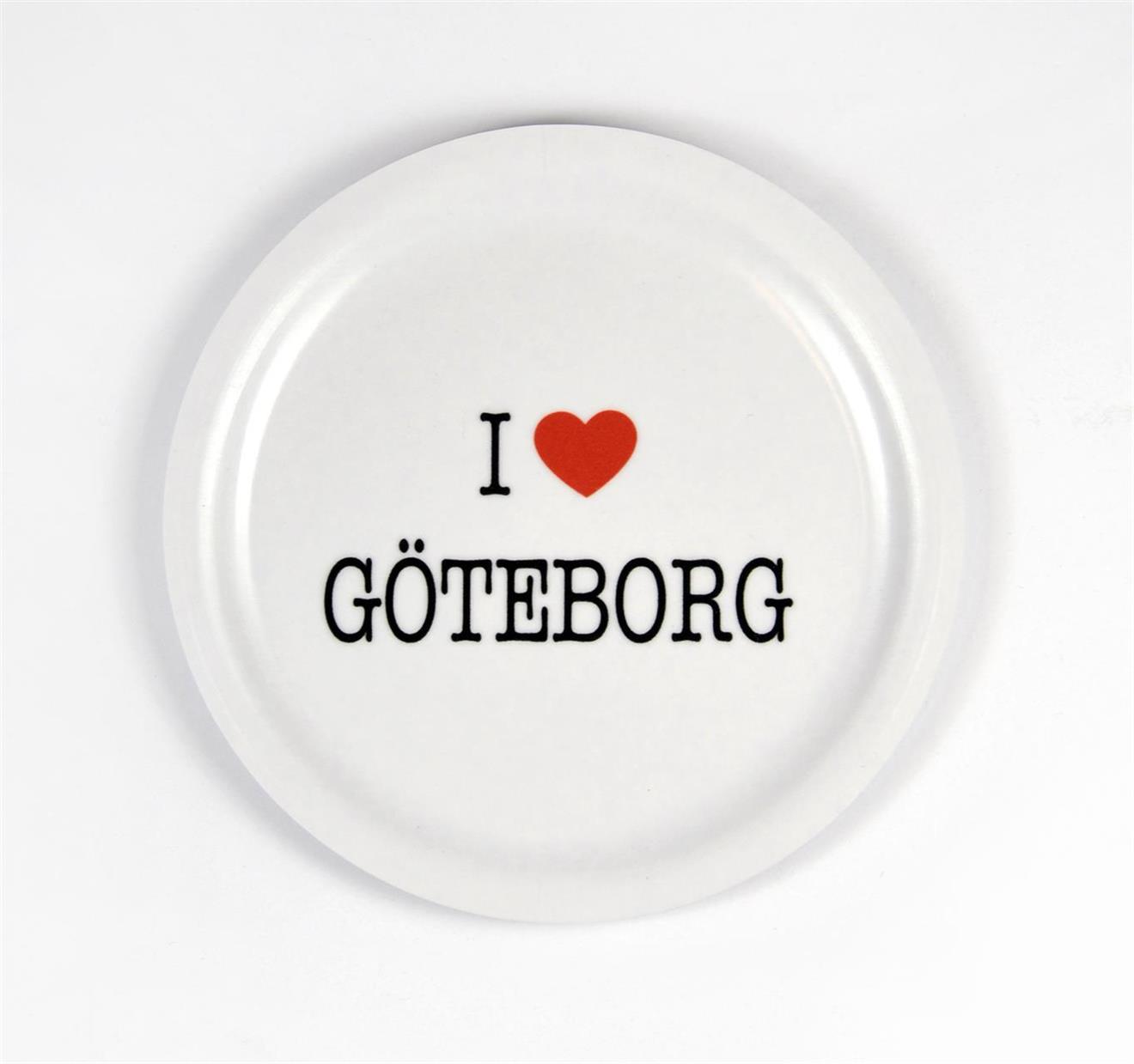 Glasunderlägg kant, I love Göteborg, vit/svart-röd