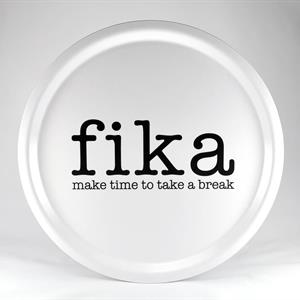 Bricka rund 31 cm, Make time FIKA, vit/svart text