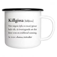 Emaljmugg, Killgissa, vit/svart tryck