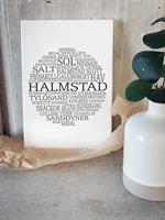 Trätavla A5, Halmstad, vit/svart text
