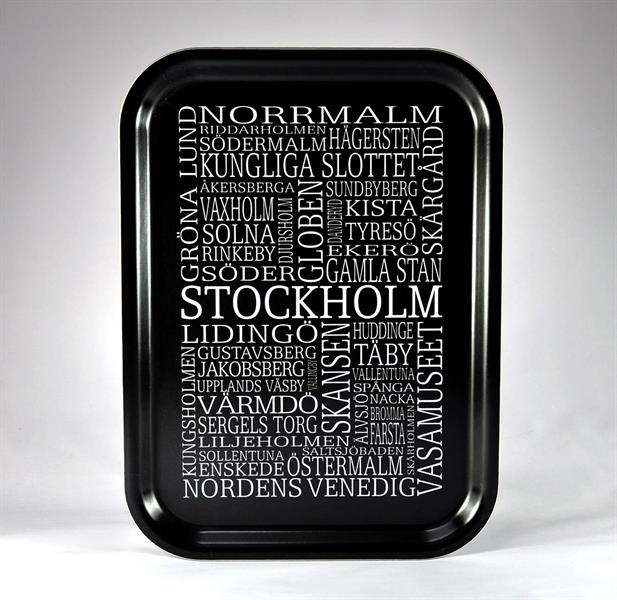 Bricka 27x20 cm, Stockholm, svart/vit text
