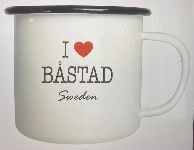 Emaljmugg, I love Båstad, vit/svart-röd