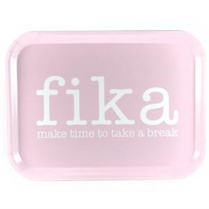 Bricka 27x20 cm, Make time FIKA, rosa/vit text