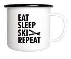 Emaljmugg, Ski repeat, vit/svart text