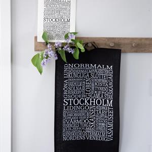 Kökshandduk, Stockholm, svart/vit text