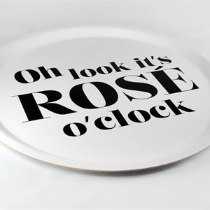 Bricka rund 31 cm, Rose o clock, vit/svart text
