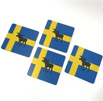 Glasunderlägg 4-p, Älg, svenska flaggan (4-kant)