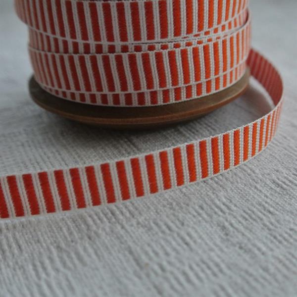 Orangeröd/vit tvärrandigt bomullsband 10mm