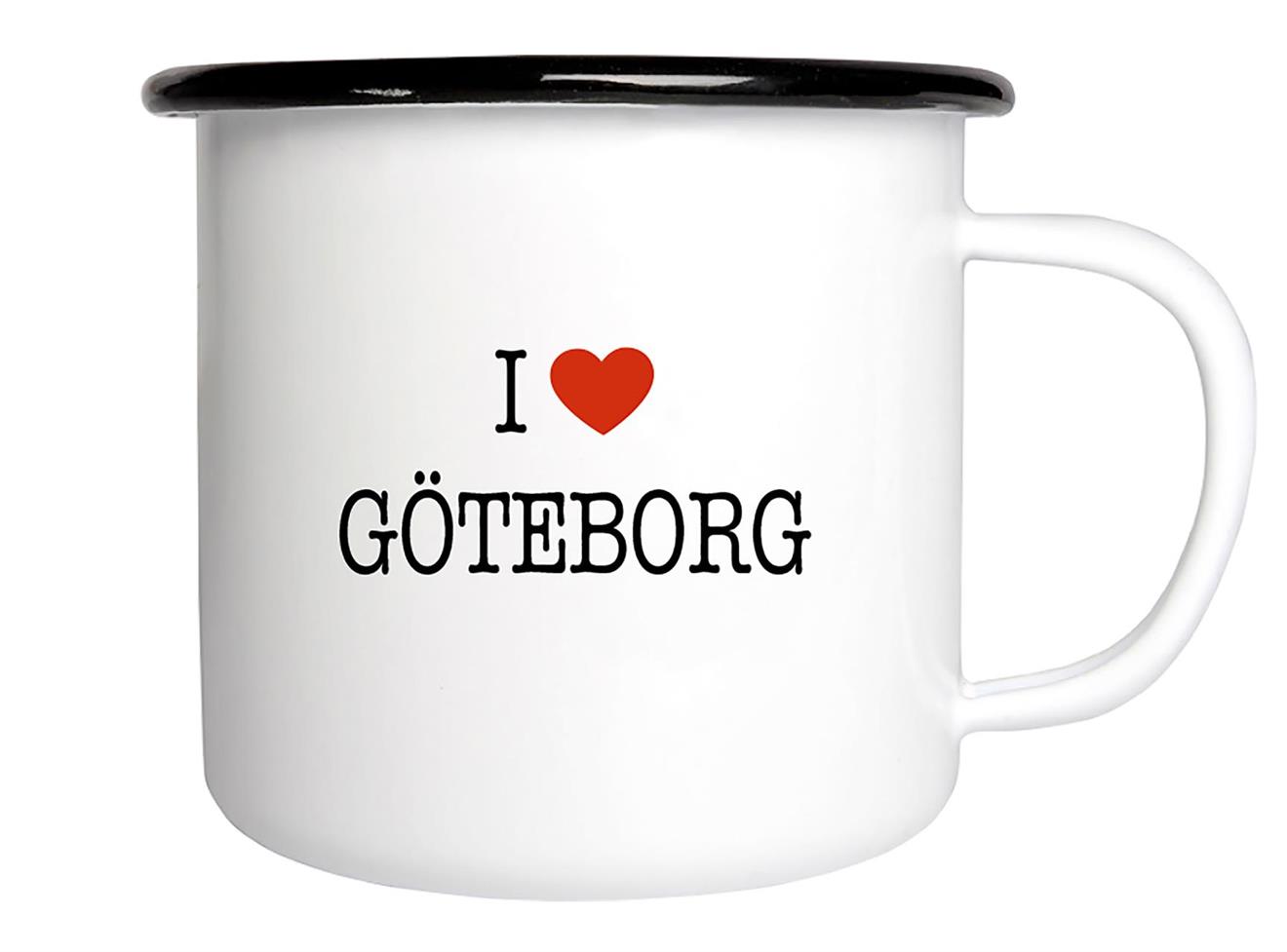 Emaljmugg, I love Göteborg, vit/svart-röd