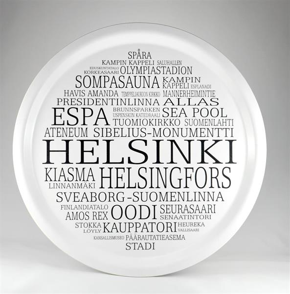 Bricka rund 31 cm, Helsinki, vit/svart text