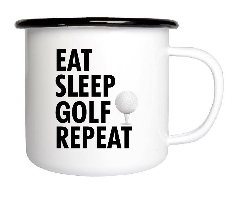 Emaljmugg, Golf repeat, vit/svart text