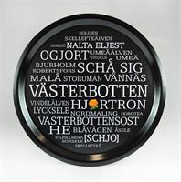 Bricka rund 31 cm, Västerbotten, svart/vit text