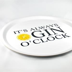 Bricka rund 31 cm, Gin o'clock, vit/svart-gul text