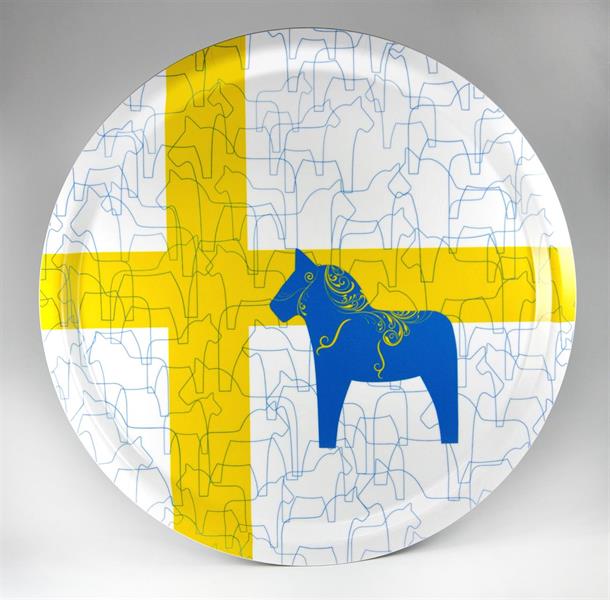 Bricka rund 31 cm, Dala horse-design, vit/blå-gul 