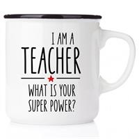 Emaljmugg, Teacher Super Power, vit/svart-röd