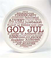 Bricka rund 31 cm, God Jul norsk, vit/röd text