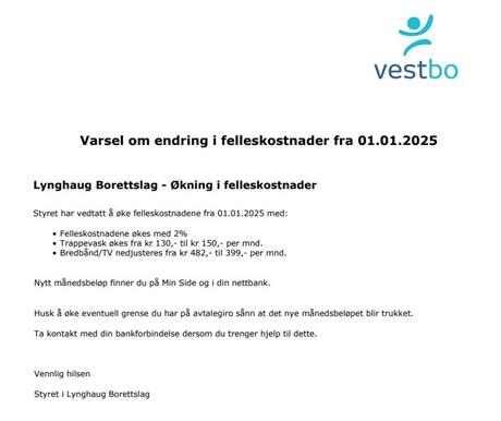 Endring i felleskostnader fra 01.01.2025