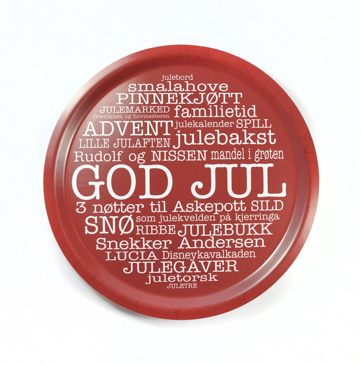 Bricka rund 31 cm, God Jul norsk, röd/vit text