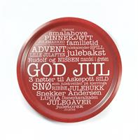 Bricka rund 31 cm, God Jul norsk, röd/vit text