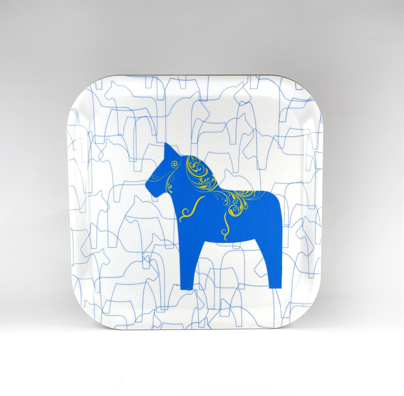 Bricka 20x20 cm, Dala horse-design, vit/blå-gul