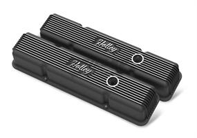 SBC HOLLEY VALVE COVERS,FINNED,W/EMIS,BL