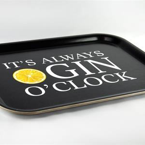 Bricka 27x20 cm, Gin o'clock, svart/vit-gul text