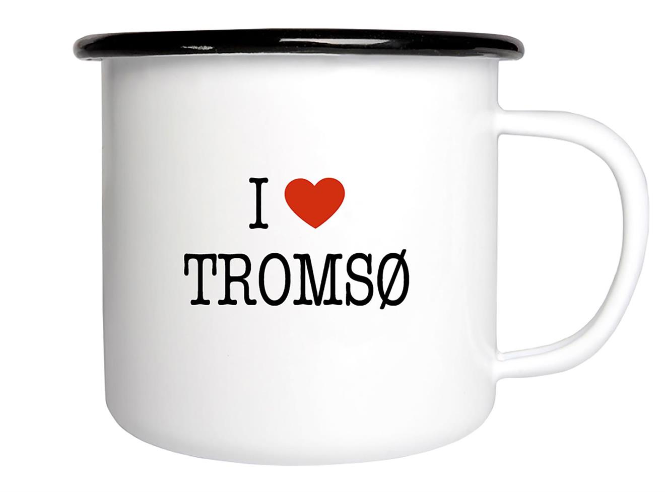 Emaljmugg, I love Tromsö, vit/svart-röd