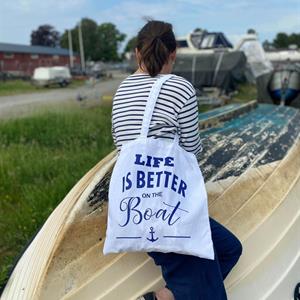 Tygkasse, On the boat, vit/blå text