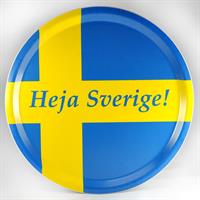 Bricka rund 31 cm, Heja Sverige, blå/blå-gul text