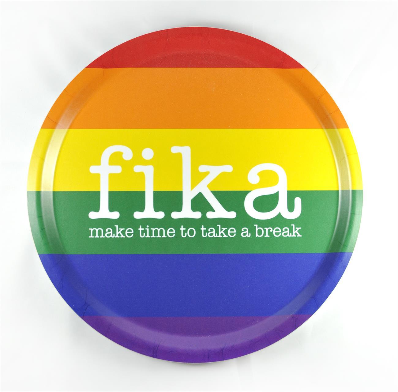 Bricka rund 31 cm, Fika Pride, vit/regnbågsfärg