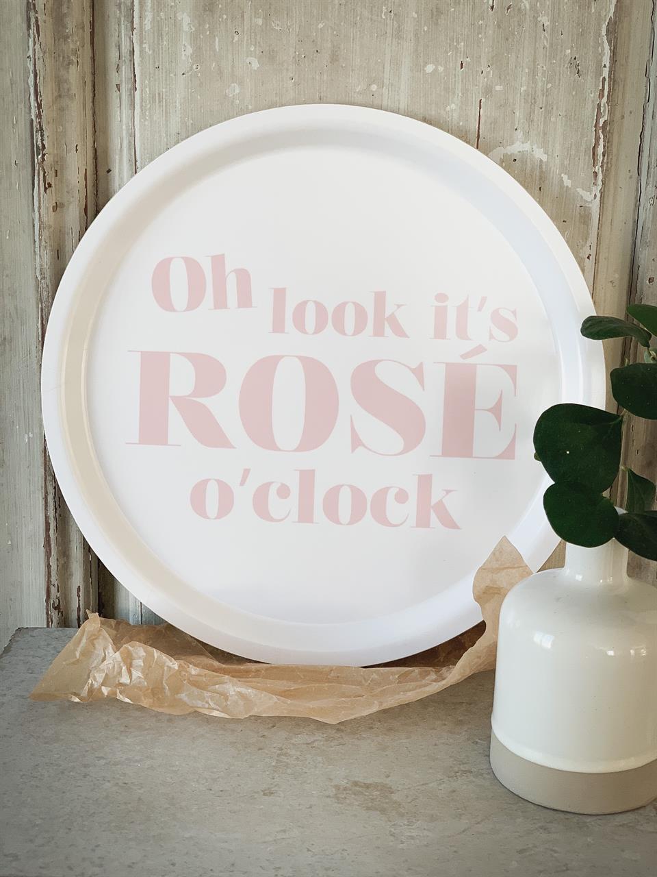 Bricka rund 31 cm, Rose o clock, vit/rosa text