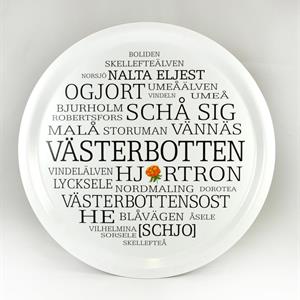 Bricka rund 31 cm, Västerbotten, svart/vit text