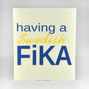 Bricka 27x20 cm, Swedish Fika, vit/blå-gul text