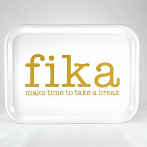 Bricka 27x20 cm, Make time FIKA, vit/guldtext