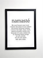 Poster 30x40 cm i ram, Namaste, vit/svart text