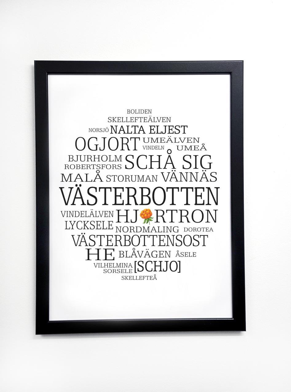 Poster 30x40 cm i ram, Västerbotten, vit/svart