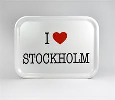 Bricka 27x20 cm, I love Stockholm, vit/svart-röd